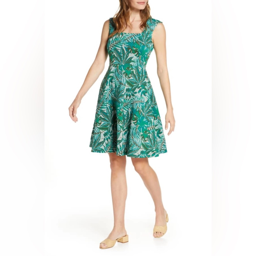 Leota Green Tropical Print Fit-and-Flare Mini Dress